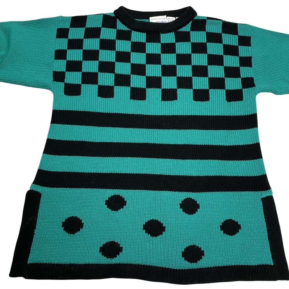 Vintage Queens Way to Fashion Oversized Pullover Sweater Teal Black Size Large - Picture 3 of 8